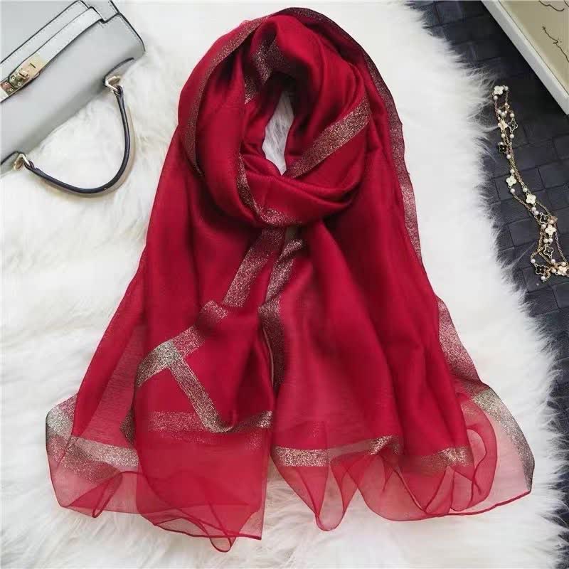Exotic Style Golden Edge Solid Color Thin Scarf - Dark Red - image 13