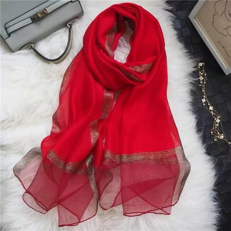 Exotic Style Golden Edge Solid Color Thin Scarf - Red - image 11