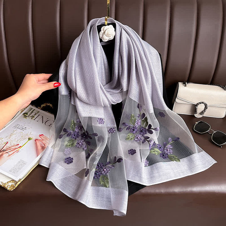 Nail Bead Birchapple Floral Embroidery Thin Scarf - Light Gray - image 8