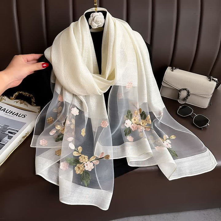 Nail Bead Birchapple Floral Embroidery Thin Scarf - White - image 10