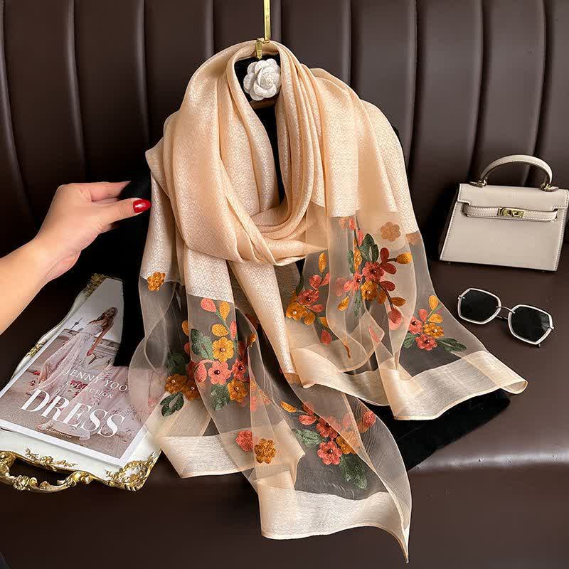 Nail Bead Birchapple Floral Embroidery Thin Scarf - Champagne - image 0