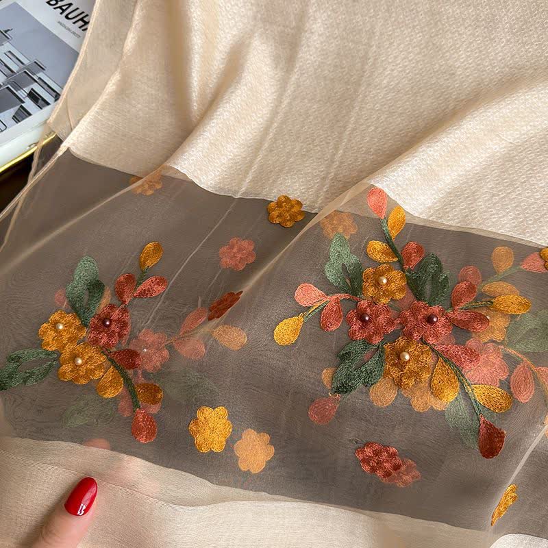 Nail Bead Birchapple Floral Embroidery Thin Scarf - image 1