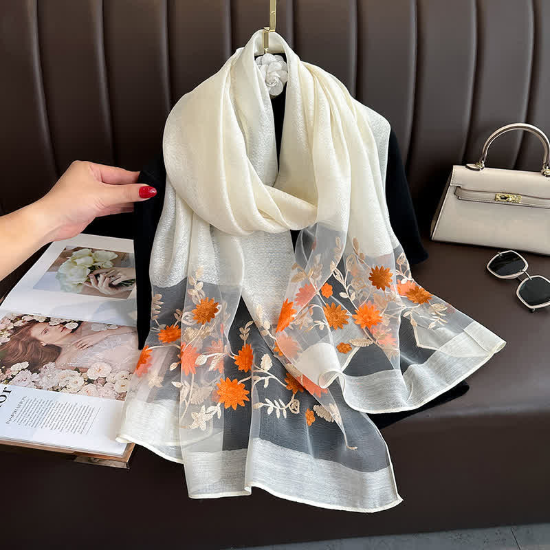 Nail Bead Birchapple Floral Embroidery Thin Scarf - Ivory - image 15