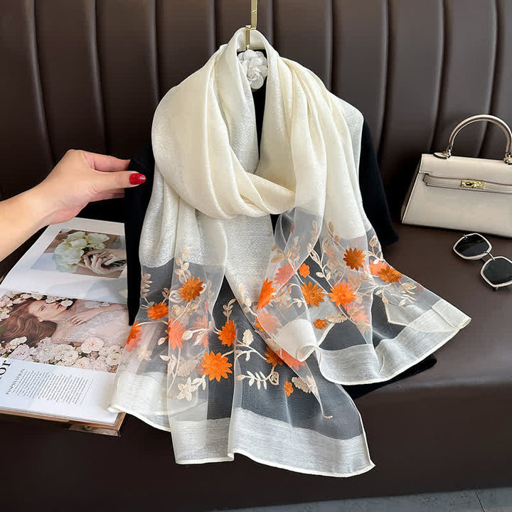 Nail Bead Birchapple Floral Embroidery Thin Scarf - Ivory - image 15