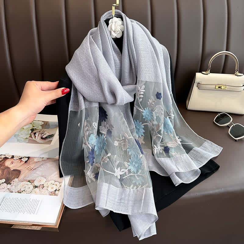 Nail Bead Birchapple Floral Embroidery Thin Scarf - Gray - image 16