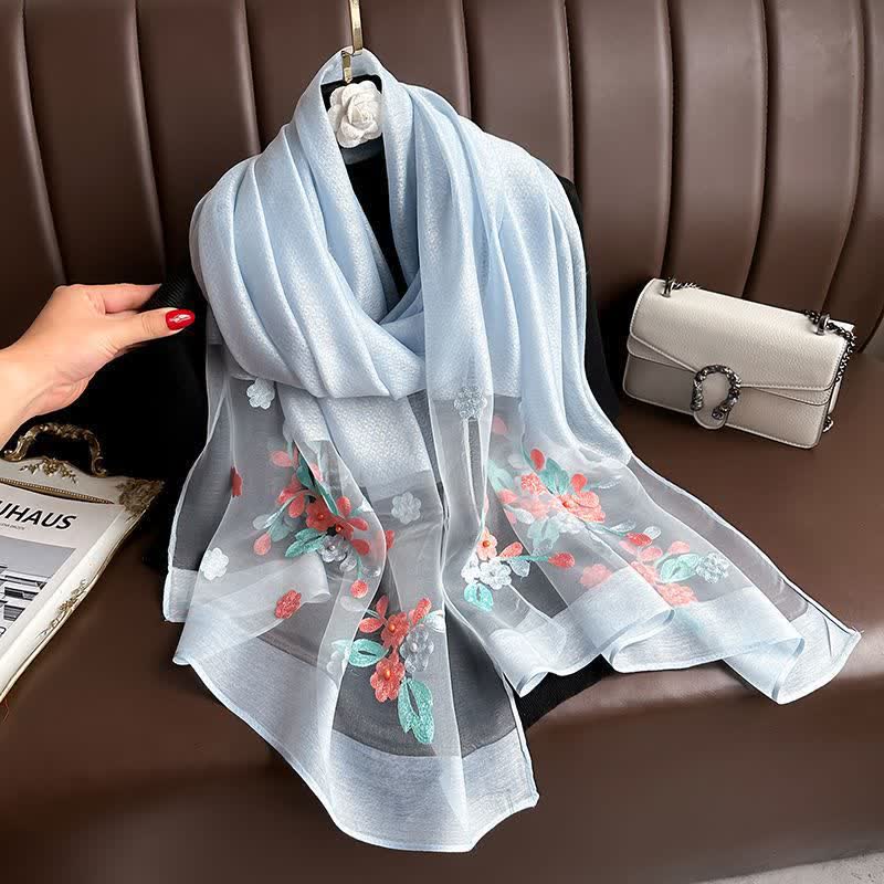 Nail Bead Birchapple Floral Embroidery Thin Scarf - Light Blue - image 9