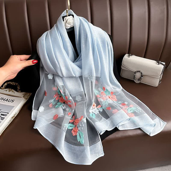 Nail Bead Birchapple Floral Embroidery Thin Scarf - Light Blue - image 9