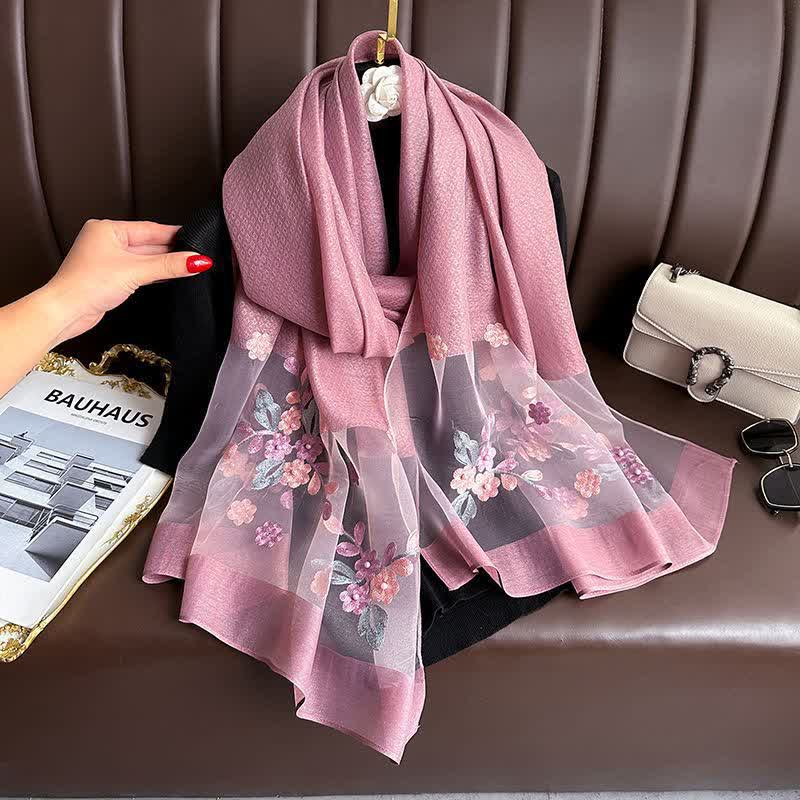 Nail Bead Birchapple Floral Embroidery Thin Scarf - PaleVioletRed - image 12