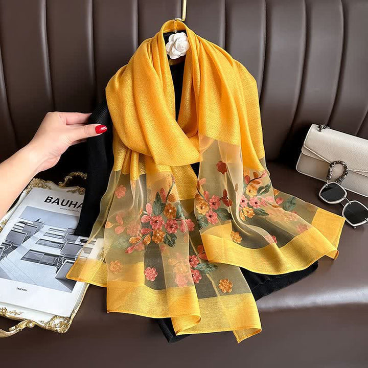 Nail Bead Birchapple Floral Embroidery Thin Scarf - Yellow - image 3