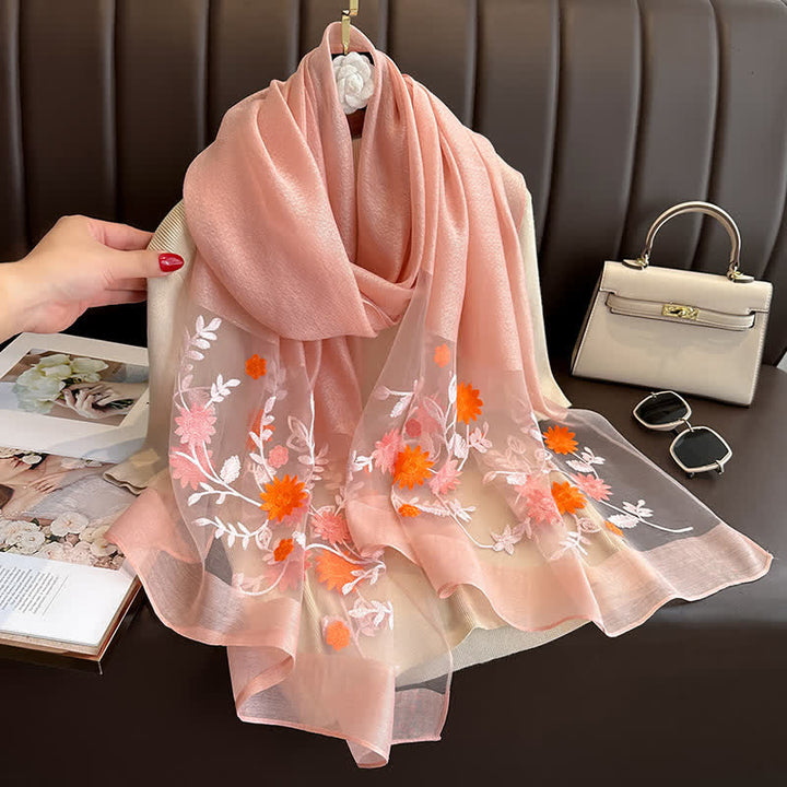 Nail Bead Birchapple Floral Embroidery Thin Scarf - LightSalmon - image 17