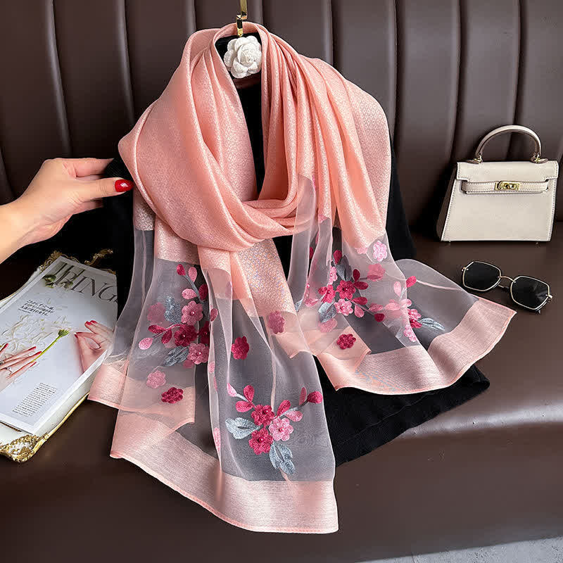 Nail Bead Birchapple Floral Embroidery Thin Scarf - Pink - image 11
