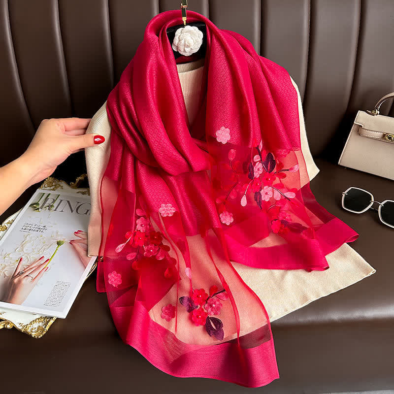 Nail Bead Birchapple Floral Embroidery Thin Scarf - Dark Red - image 13