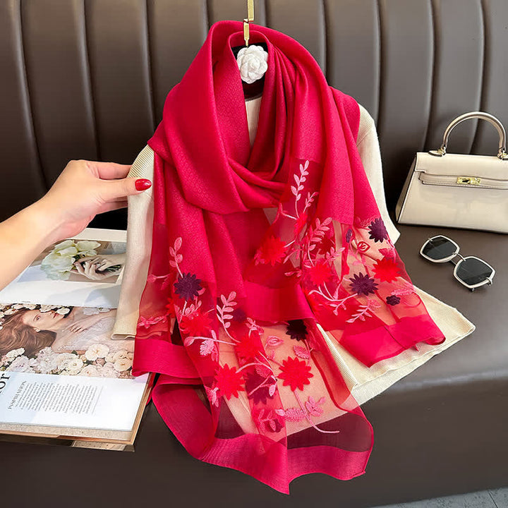 Nail Bead Birchapple Floral Embroidery Thin Scarf - Burgundy - image 18
