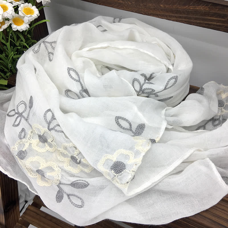Women's National Cotton Linen Flower Embroidery Thin Scarf - White - image 15