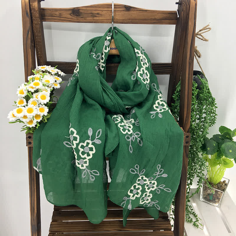 Women's National Cotton Linen Flower Embroidery Thin Scarf - Green - image 0