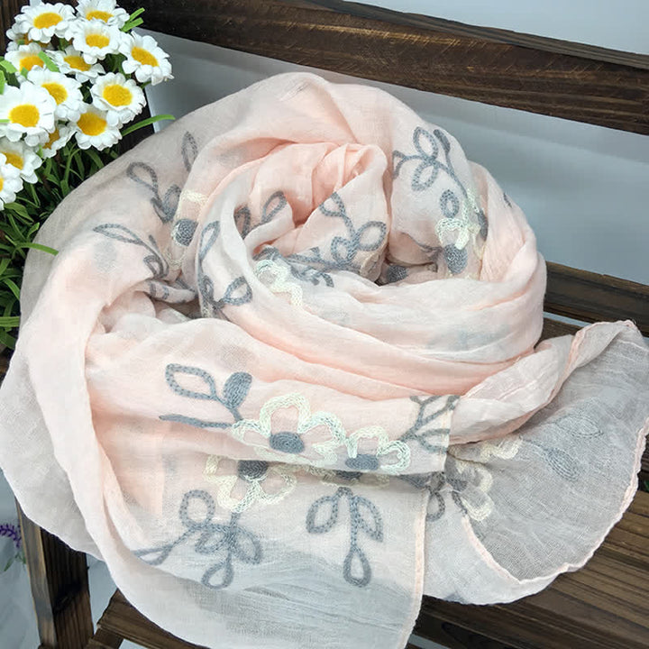 Women's National Cotton Linen Flower Embroidery Thin Scarf - Khaki - image 21