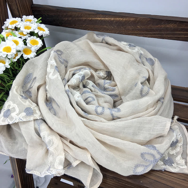Women's National Cotton Linen Flower Embroidery Thin Scarf - Light Pink - image 19