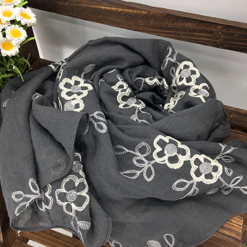 Women's National Cotton Linen Flower Embroidery Thin Scarf - Gray - image 9