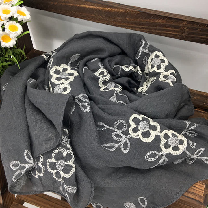 Women's National Cotton Linen Flower Embroidery Thin Scarf - Gray - image 9