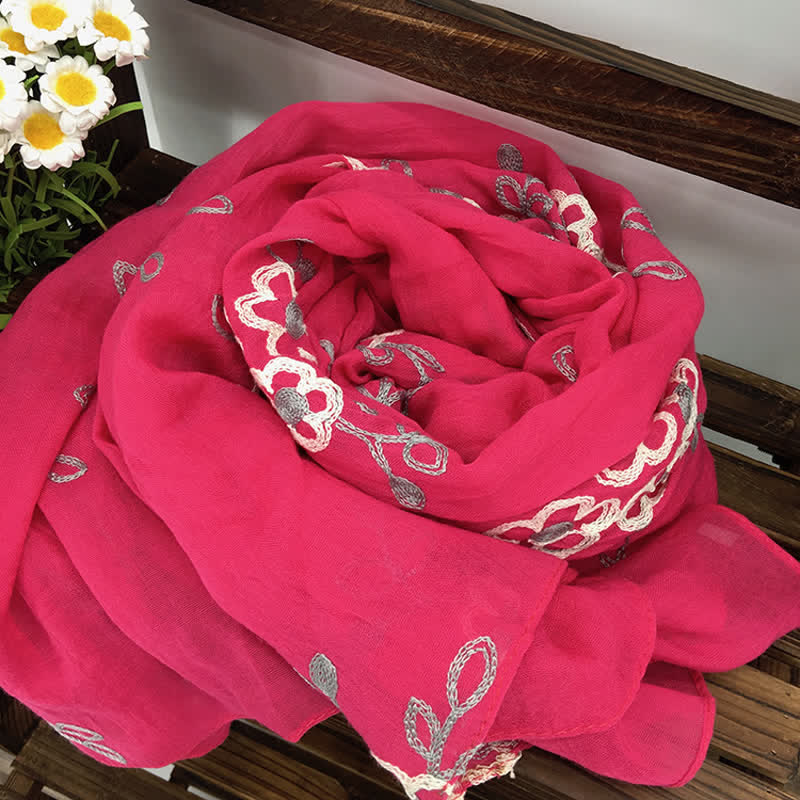 Women's National Cotton Linen Flower Embroidery Thin Scarf - Hot Pink - image 11