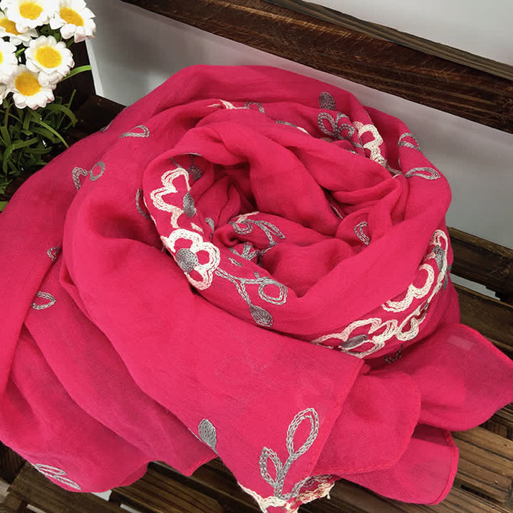 Women's National Cotton Linen Flower Embroidery Thin Scarf - Hot Pink - image 11