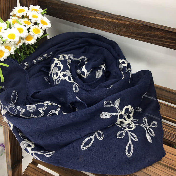 Women's National Cotton Linen Flower Embroidery Thin Scarf - Navy - image 13