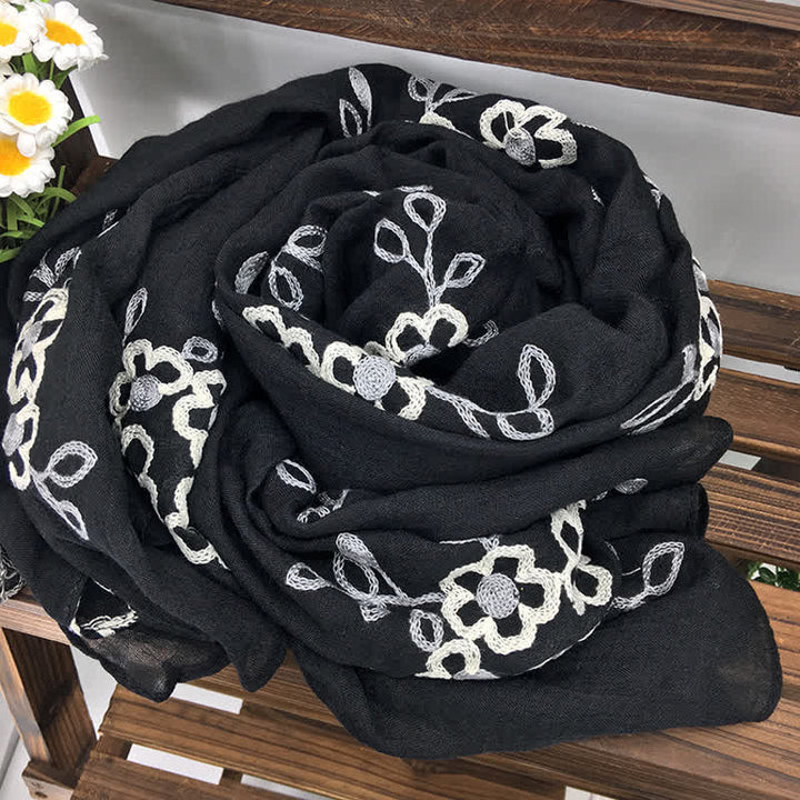 Women's National Cotton Linen Flower Embroidery Thin Scarf - Black - image 5