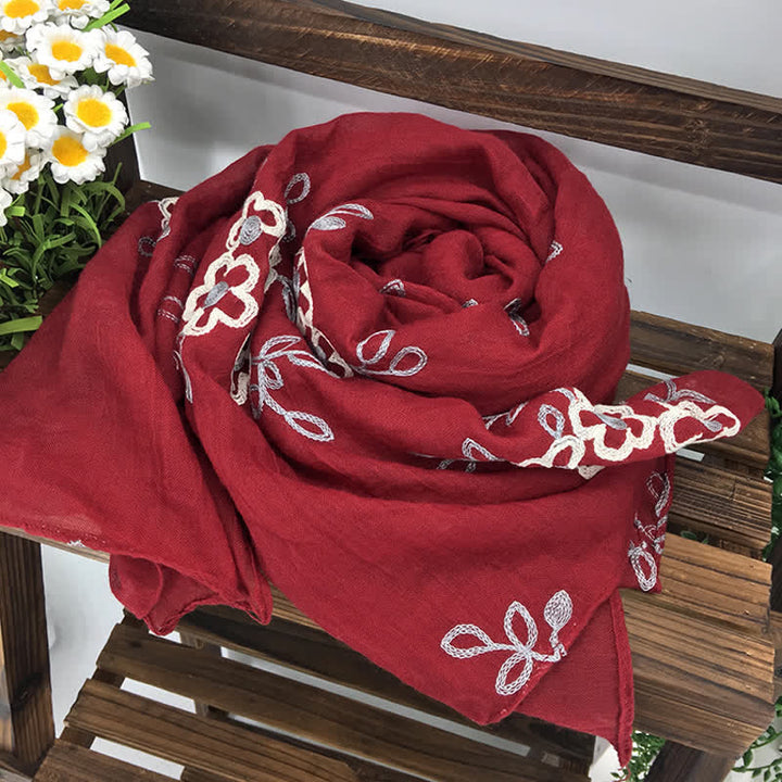 Women's National Cotton Linen Flower Embroidery Thin Scarf - Red - image 7