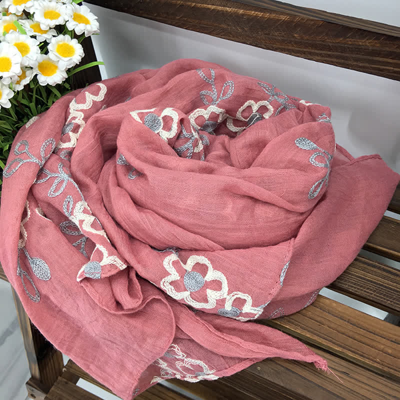 Women's National Cotton Linen Flower Embroidery Thin Scarf - Pink - image 17