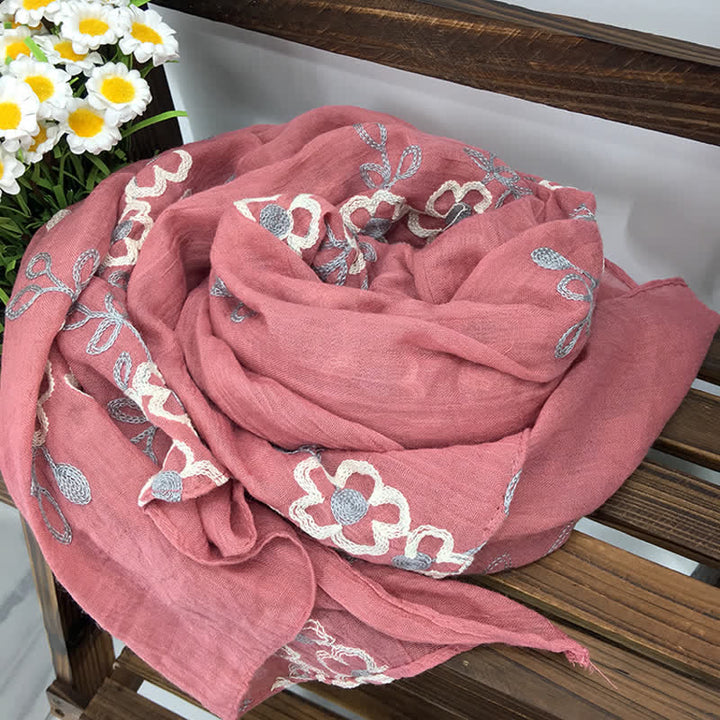 Women's National Cotton Linen Flower Embroidery Thin Scarf - Pink - image 17