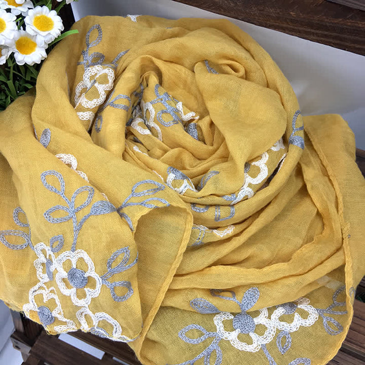 Women's National Cotton Linen Flower Embroidery Thin Scarf - Yellow - image 2