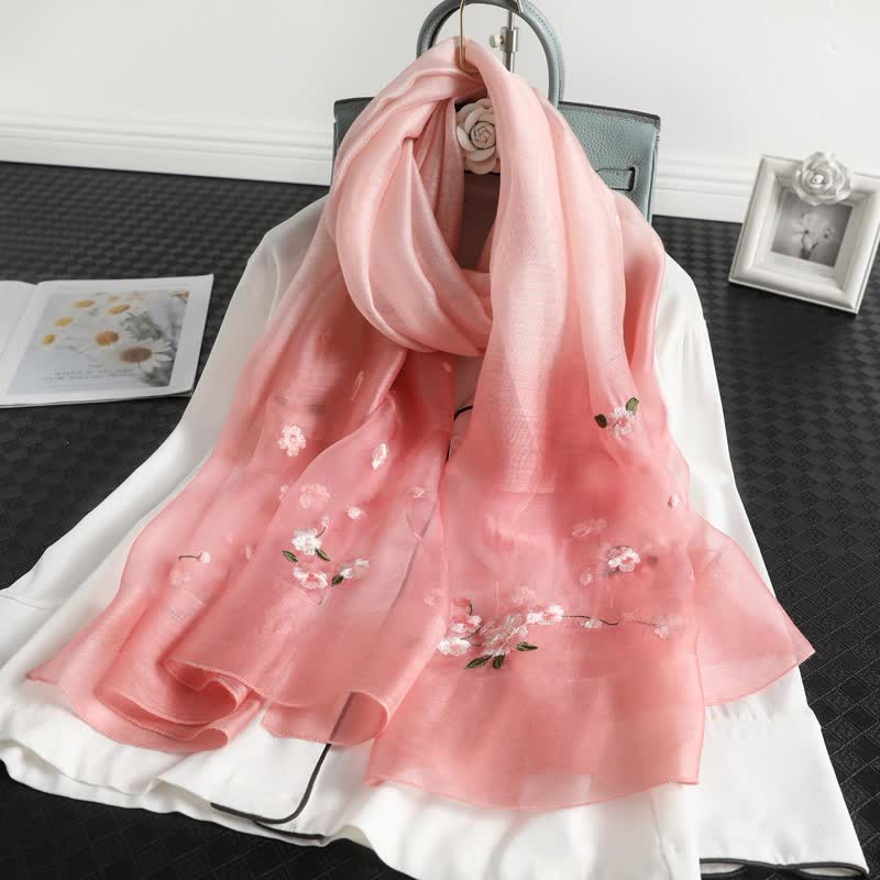 Women's Color Gradient Floral Embroidery Thin Scarf - Pink - image 1