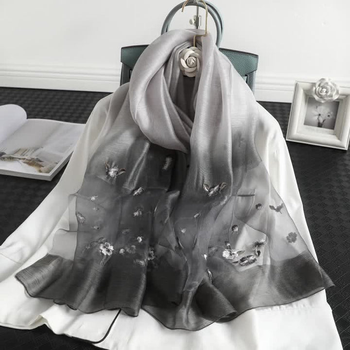 Women's Color Gradient Floral Embroidery Thin Scarf - Black - image 5