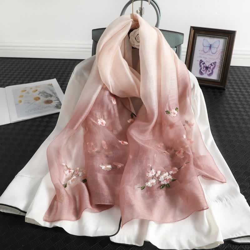 Women's Color Gradient Floral Embroidery Thin Scarf - Light Pink - image 4