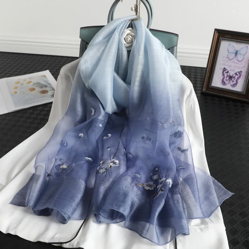 Women's Color Gradient Floral Embroidery Thin Scarf - Blue - image 0