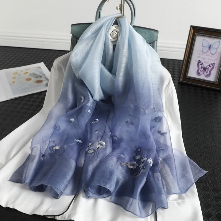 Women's Color Gradient Floral Embroidery Thin Scarf - Blue - image 0