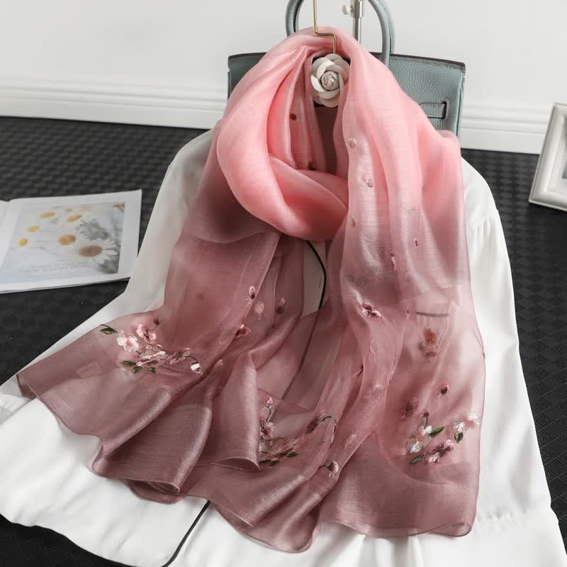 Women's Color Gradient Floral Embroidery Thin Scarf - Deep Pink - image 2