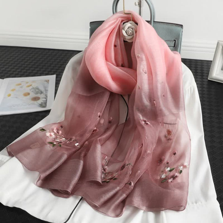 Women's Color Gradient Floral Embroidery Thin Scarf - Deep Pink - image 2