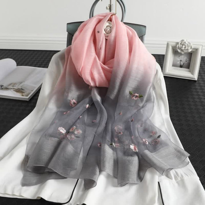 Women's Color Gradient Floral Embroidery Thin Scarf - Gray - image 6