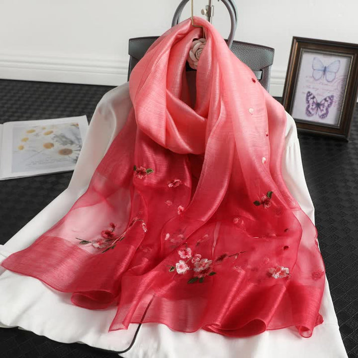Women's Color Gradient Floral Embroidery Thin Scarf - Red - image 3