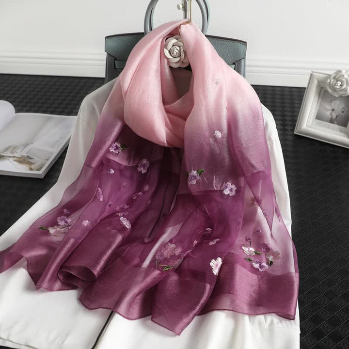 Women's Color Gradient Floral Embroidery Thin Scarf - Purple - image 7