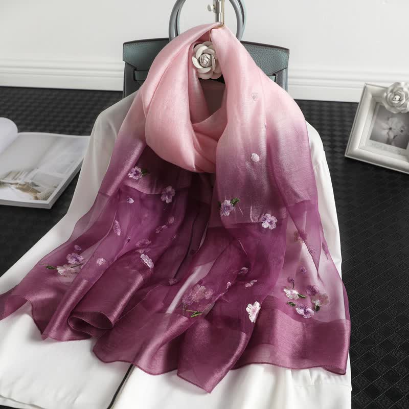Women's Color Gradient Floral Embroidery Thin Scarf - Purple - image 7