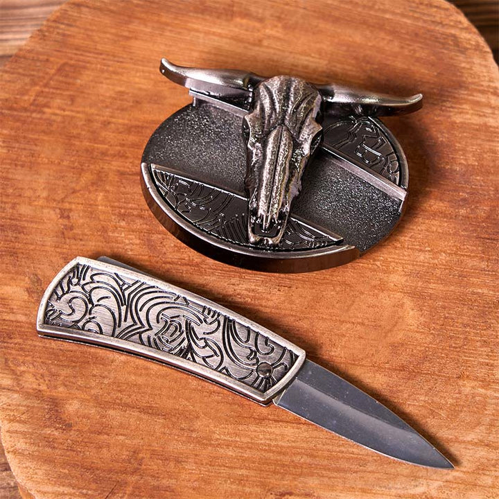 Bull's Head DIY Hidden Knife Silver Western Vintage Buckle Leather Belt - image 3