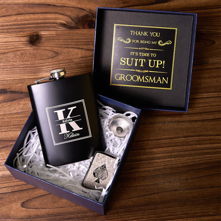 2Pcs Customizable Black Flask ACE of Spades Lighter Groomsmen Gift Box - Bundle Set - image 0