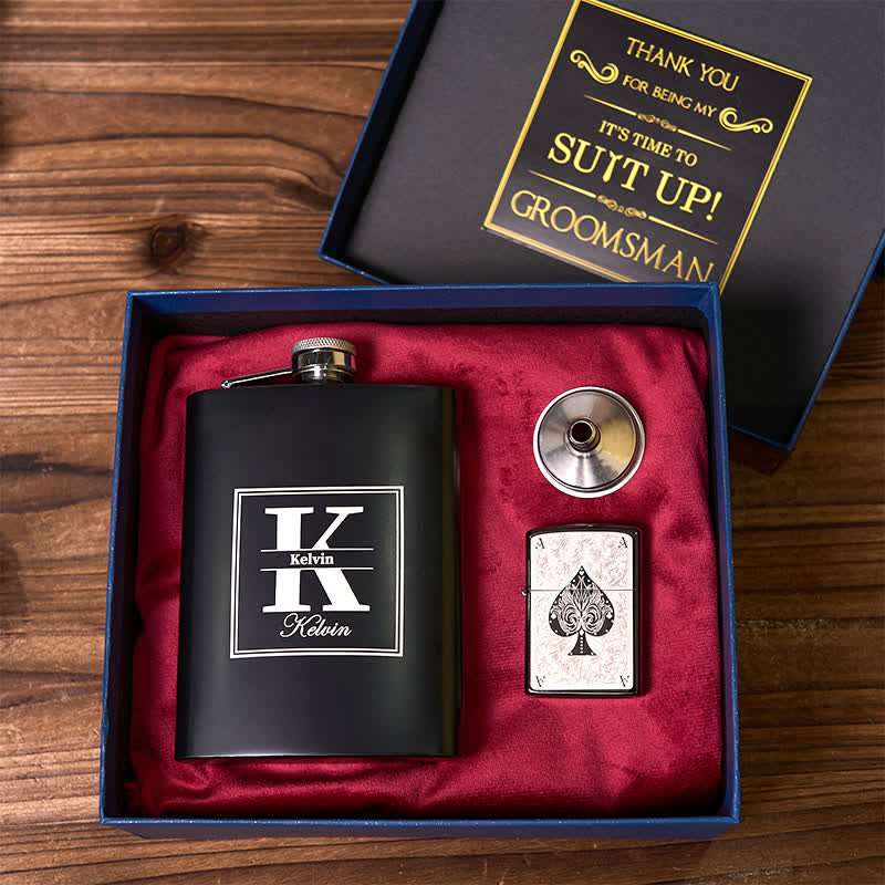 2Pcs Customizable Black Flask ACE of Spades Lighter Groomsmen Gift Box - image 1