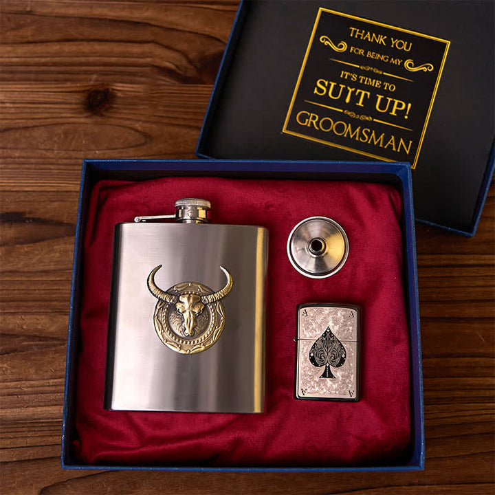 2Pcs Silver Bull Flask ACE of Spades Lighter Groomsmen Gift Box - image 1