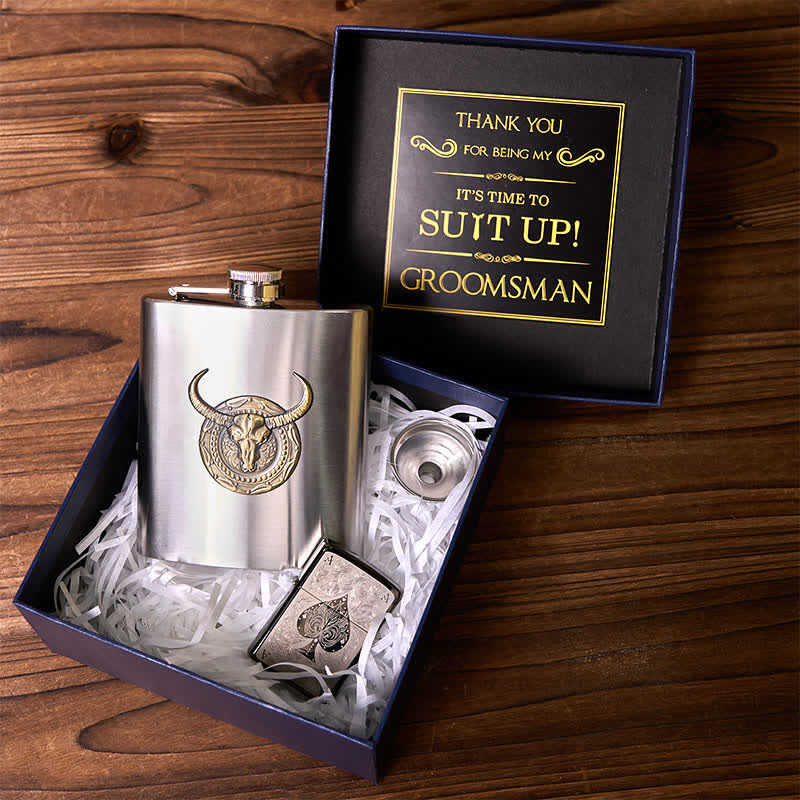 2Pcs Silver Bull Flask ACE of Spades Lighter Groomsmen Gift Box - Bundle Set - image 0