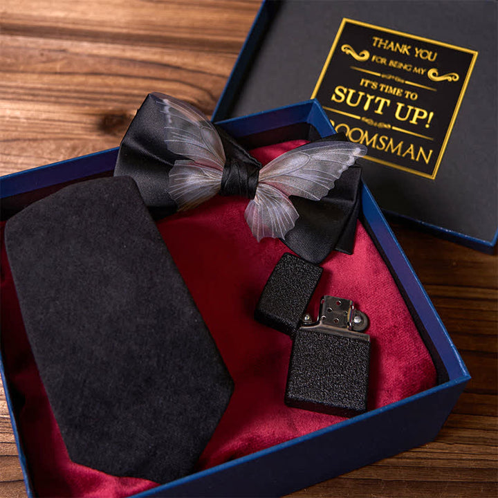 3Pcs Black Theme Necktie Butterfly Bow Tie Frosted Lighter Groomsmen Gift Box - image 1