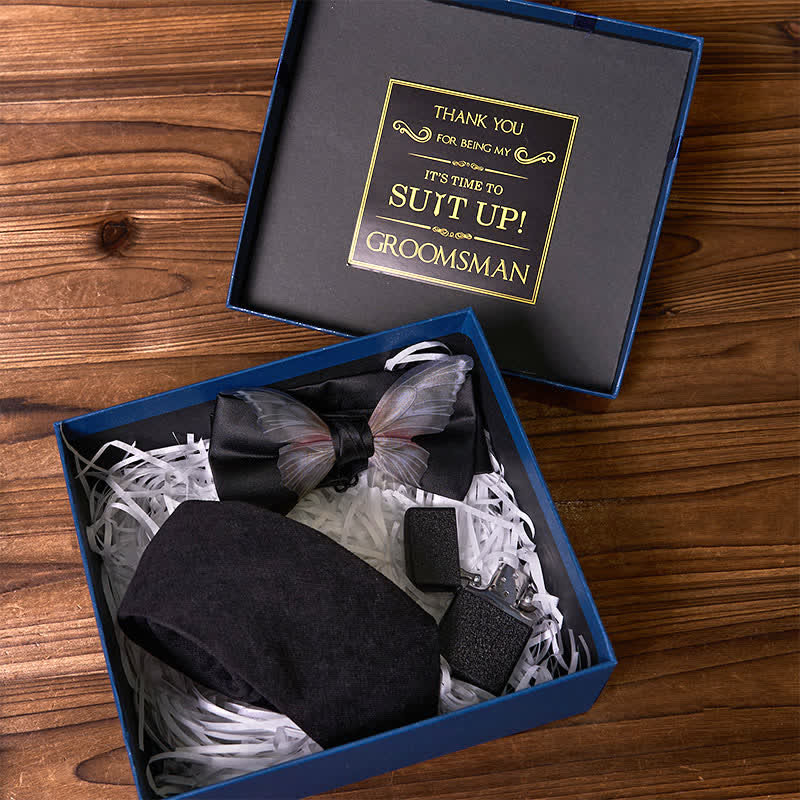 3Pcs Black Theme Necktie Butterfly Bow Tie Frosted Lighter Groomsmen Gift Box - Bundle Set - image 0