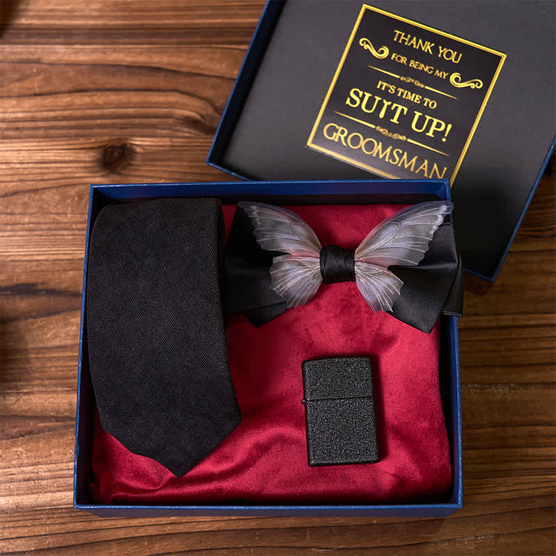 3Pcs Black Theme Necktie Butterfly Bow Tie Frosted Lighter Groomsmen Gift Box - image 2